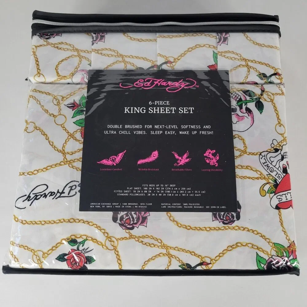 Ed Hardy KING Sheets Set 6pc White Pink Skull Roses Gold Chain Love Kills Tattoo